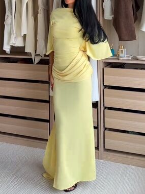Zara Yellow Draped Maxi Dress - Elegant Evening Gown